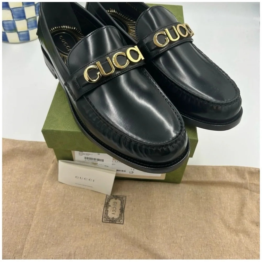 Gucci, gold logo, embellished, leather loafers size 13 made in Italy
